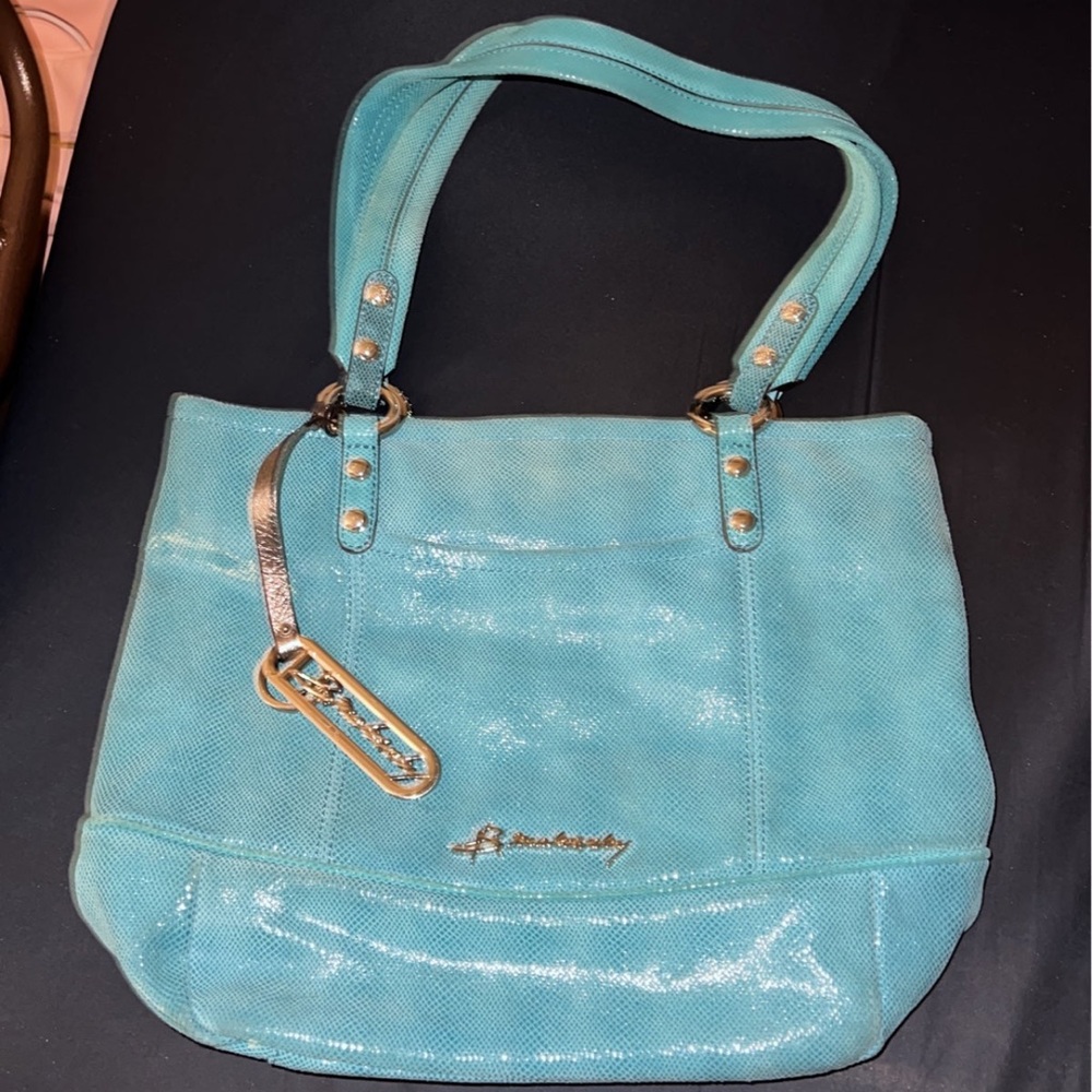 B Makowsky Blue-Green Leather Tote Bag